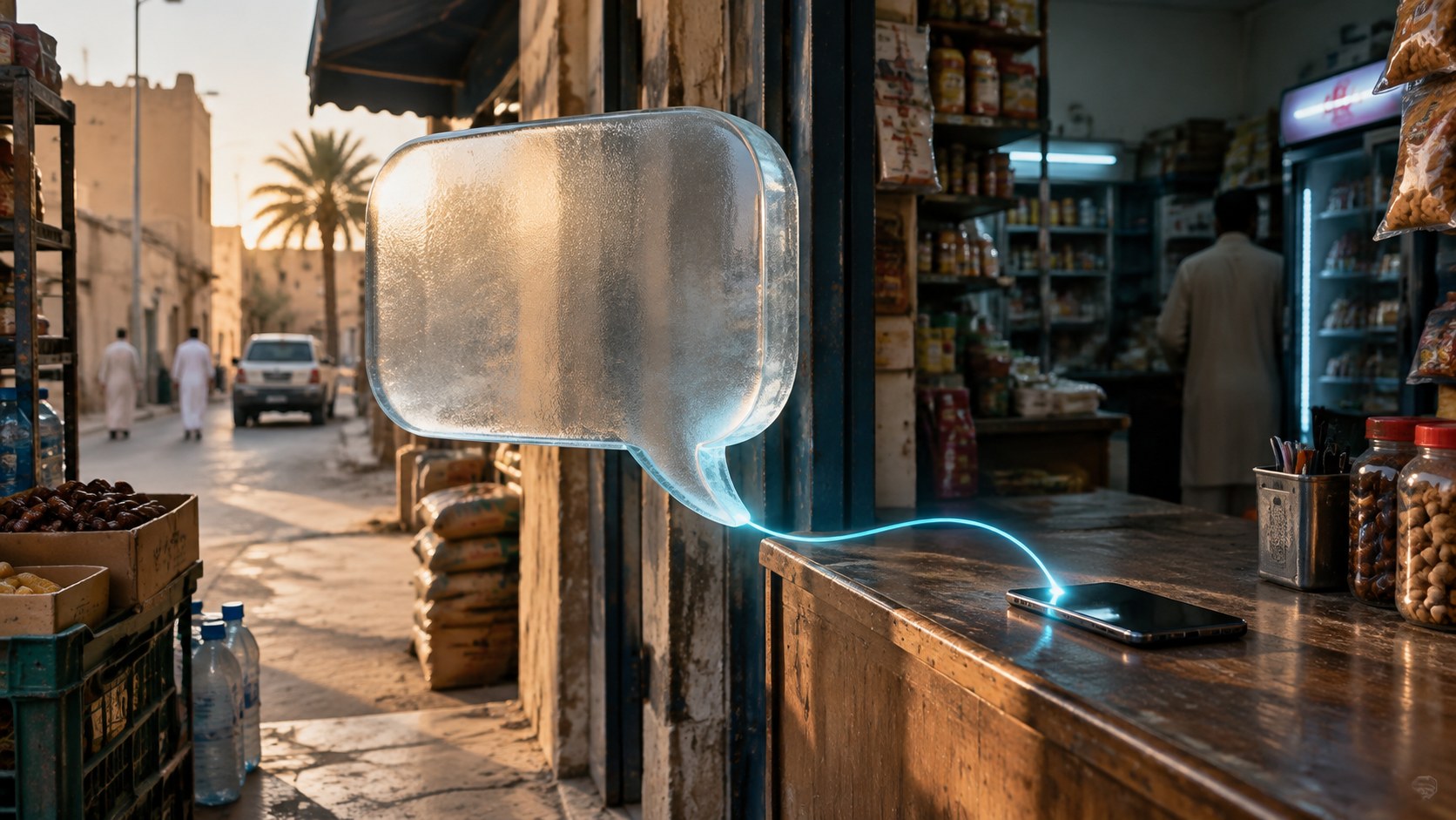 فقاعة زجاج مصنفر في باب بقالة بالرياض متصلة بهاتف مغلق بخيط ضوء سماوي