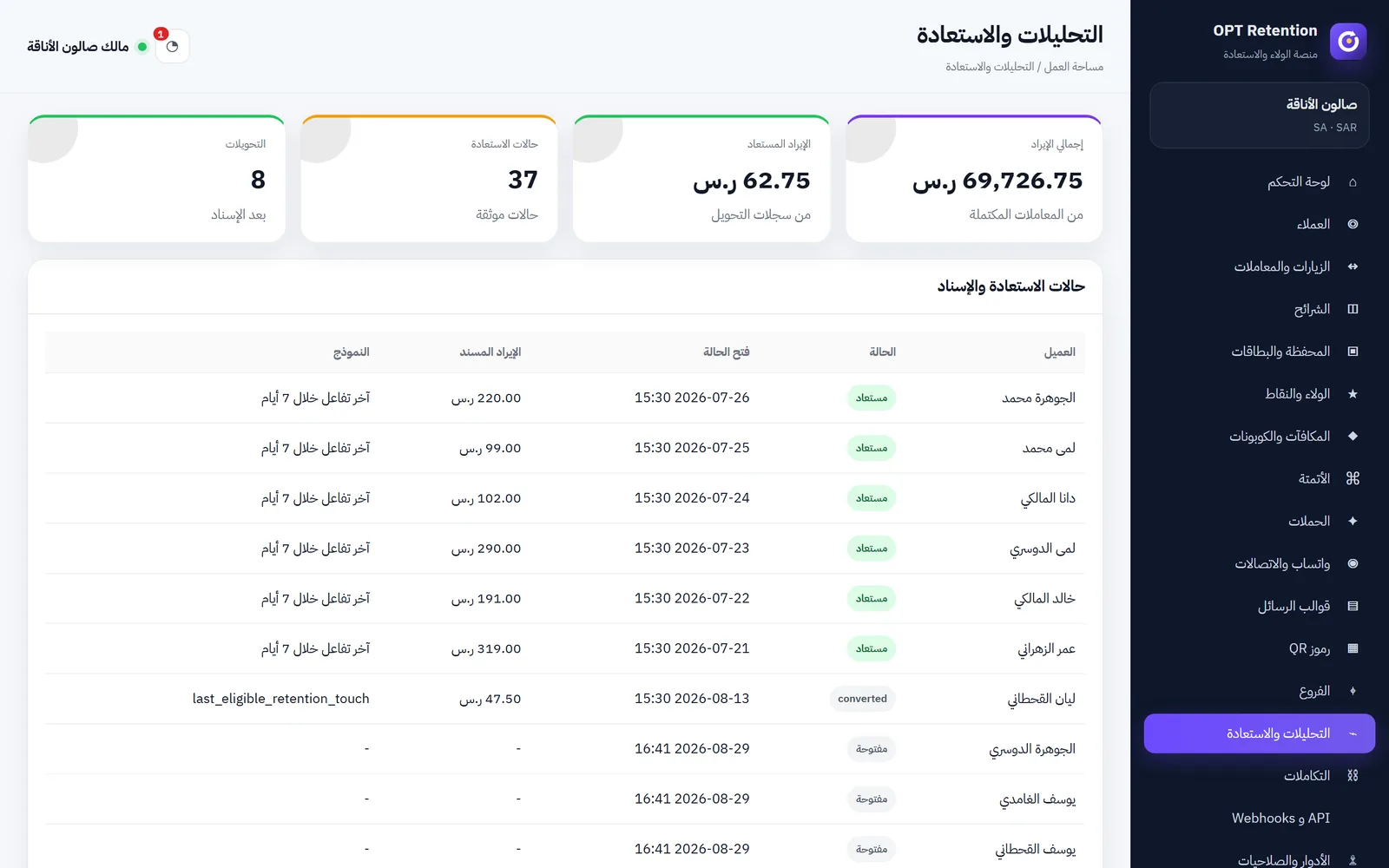 OPT-RET — شاشة 3 من الولاء والاحتفاظ